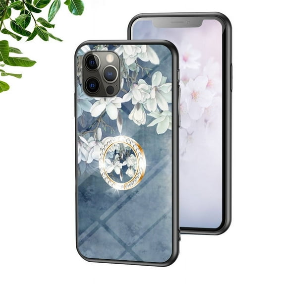 Tech Circle Case for iPhone 13 Pro with Exquisite Glass Back , Floral Flower Pattern, Ring Holder Cute Slim Thin TPU Soft Bumper Protective Cover for iPhone 13 Pro 6.1 inch'Chinese rose)(