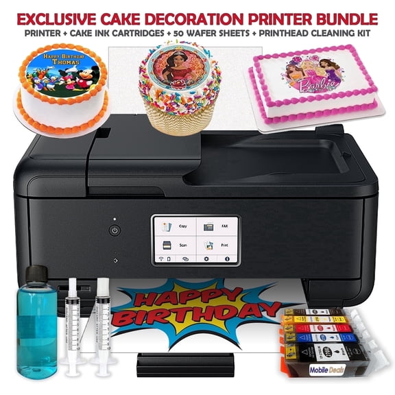 Edible Cake Topper Printer Bundle with 5 Edible Ink Cartridges, 50 Wafer Paper Sheets and Printhead Cleaning Kit for Cakes, Cookies, Cupcakes and Pastries