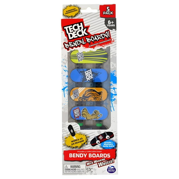 Tech Deck Bendy Boards 5 Piece Set, Rubberized Fingerboards with Working Wheels to Use as Collectible Mini Skateboard Erasers. Designs and styles may vary random pick