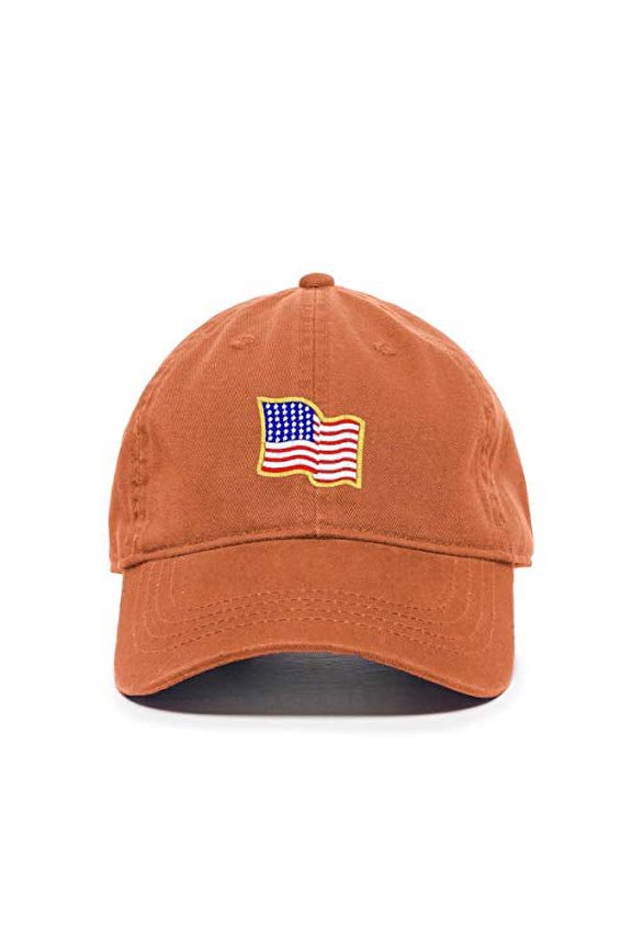 American Flag USA Waiving Flag Baseball Cap Embroidered Cotton Adjustable Dad Hat Orange