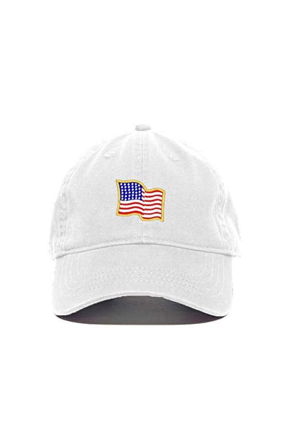 American Flag USA Waiving Flag Baseball Cap Embroidered Cotton Adjustable Dad Hat White