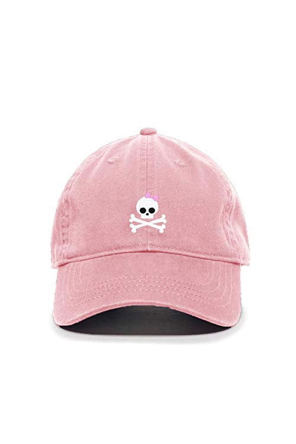 Girl Skull Baseball Cap Embroidered Cotton Adjustable Dad Hat Light Pink