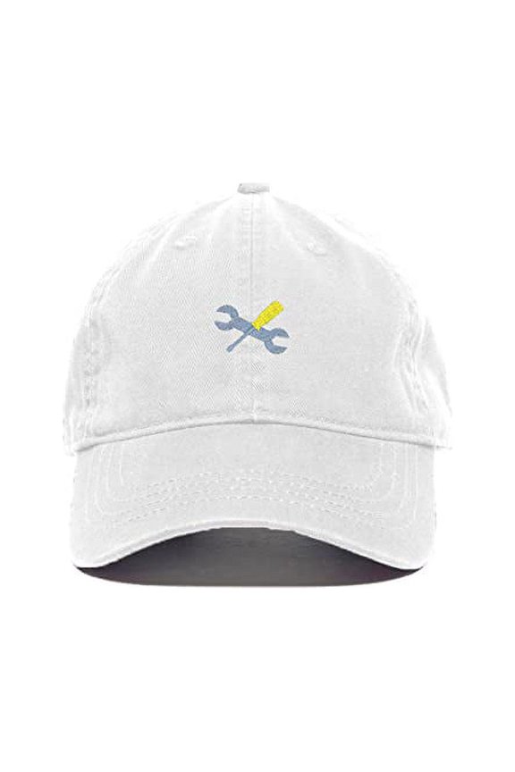 Mechanic Tools Symbol Baseball Cap Embroidered Cotton Adjustable Dad Hat White