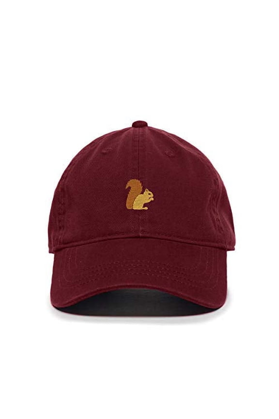 Squirrel Baseball Cap Embroidered Cotton Adjustable Dad Hat Burgundy