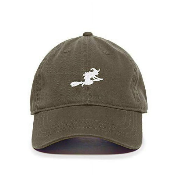 Tech Design Witch with Flying Broom Halloween Baseball Cap Embroidered Cotton Adjustable Dad Hat Olive