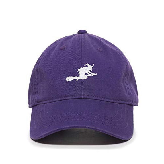 Tech Design Witch with Flying Broom Halloween Baseball Cap Embroidered Cotton Adjustable Dad Hat Purple