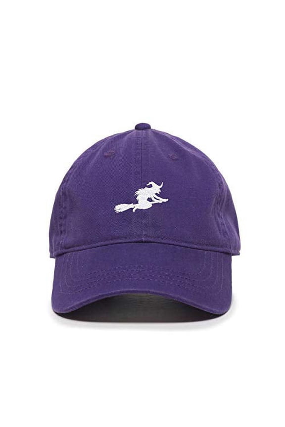 Witch with Flying Broom Halloween Baseball Cap Embroidered Cotton Adjustable Dad Hat Purple