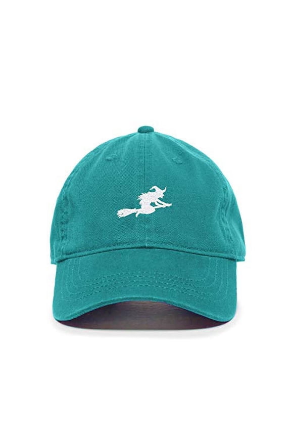 Witch with Flying Broom Halloween Baseball Cap Embroidered Cotton Adjustable Dad Hat Teal