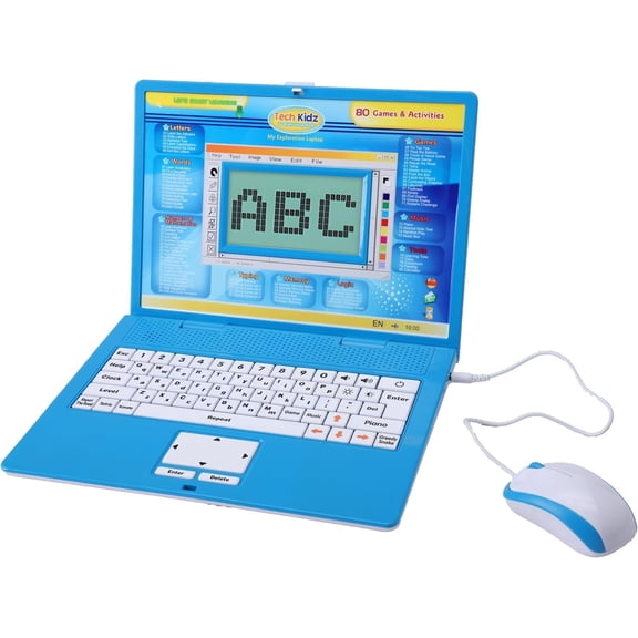 Tech Kidz - STEM Toy Computer Educational Learning Laptop, 80 Challenging Learning Activities to Learn Mathematics, Words, Logic, Typing, LCD Screen with Backlight, Mouse Included, Ages 4+ (Blue)