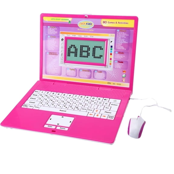 Tech Kidz - STEM Toy Computer Educational Learning Laptop, 80 Challenging Learning Activities to learn Mathematics, Words, Logic, Typing, LCD Screen with Backlight, Mouse Included (Pink), Ages 4+