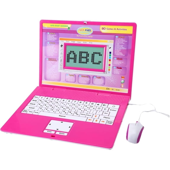 Tech Kidz My Exploration Toy Laptop Educational Learning Computer, 80 Challenging Learning Games and Activities, LCD Screen, Keyboard and Mouse Included (Pink), Ages 5+