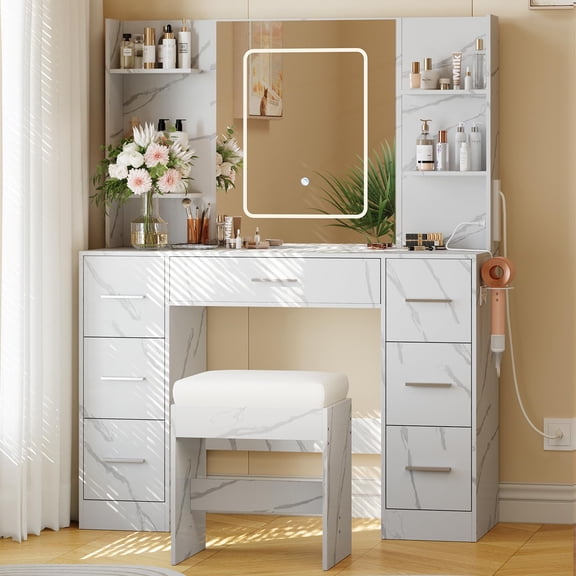 Tech Makeup Vanity with Mirror, Light and Chair, Power Outlet, Hairdryer Holder, 7 Drawers, 3 Lighting Modes Brightness Adjustable Dressing Table for Bedroom