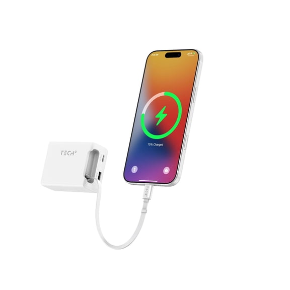 Tech Squared 45W USB-C Fast Wall Charger with Retractable Cable, USB-C & USB-A Ports