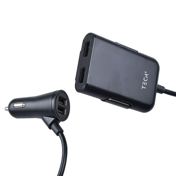 Tech Squared Backseat Car Charger, 4 USB Ports & Qualcomm QuickCharge (2 Pack)