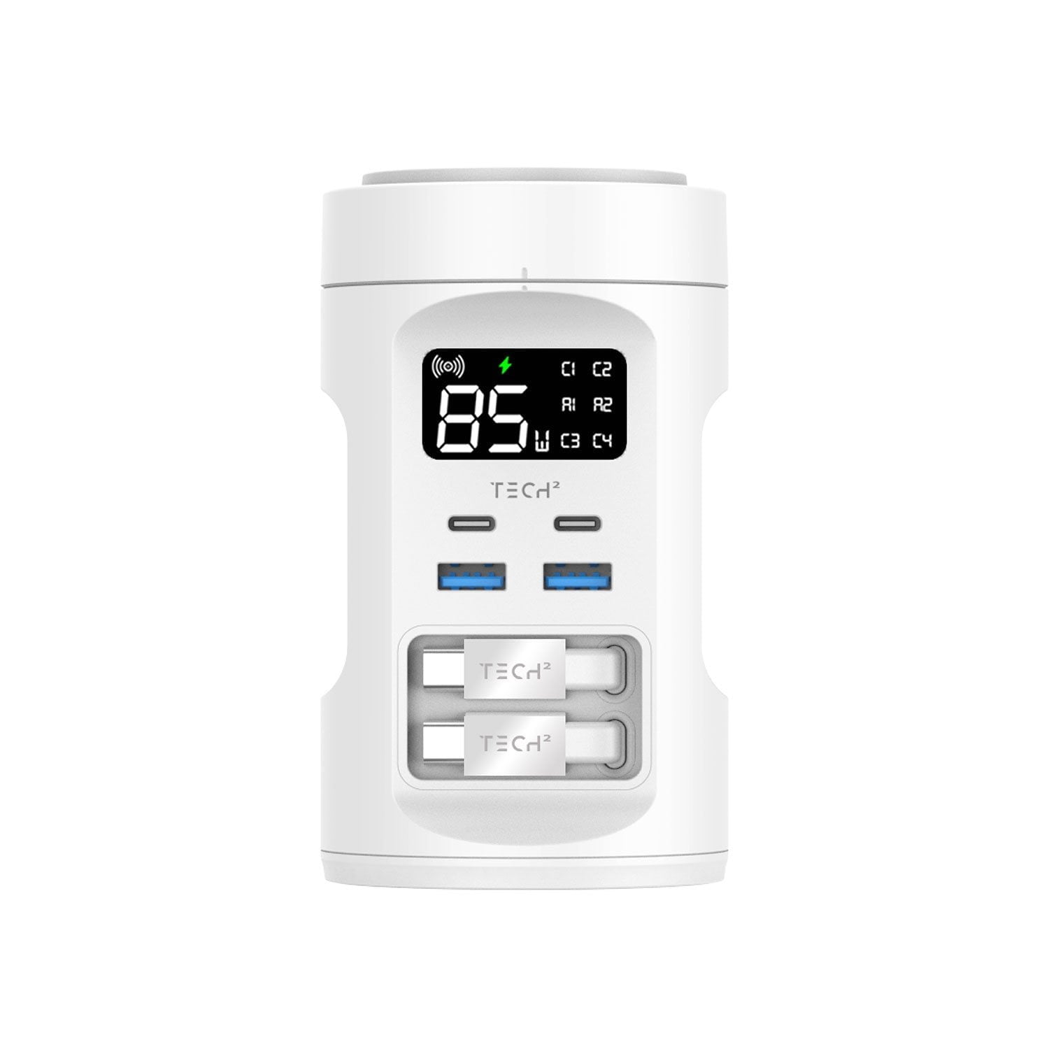 Tech Squared Power Tower with Qi2 Wireless Charging and Retractable Cords