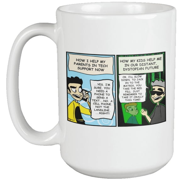 Tech Support Teaching His Parents. Funny Cute Comic Coffee & Tea Mug For Moms, Dads, Boss, Customer Service Representative, Software Engineers, IT Professional, Computer Helpdesk & Coders (15oz)