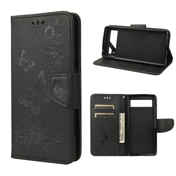 TechCircle Google Pixel 6 Wallet Case, Butterfly Flower Embossed PU Leather Magnetic Flip Kickstand Shockproof Cover with Card Slots & Wrist Strap - Black