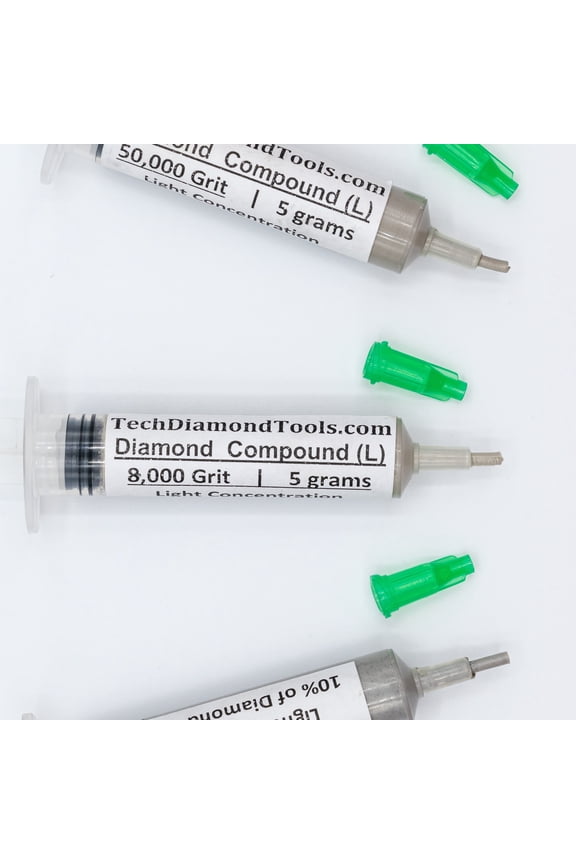 TechDiamondTools Diamond Polish Paste Set of 3 Syringes X 5 Grams (L), Polish Lapping Compound, Sizes 8000 50000 200000 Grit, Mesh - With Light (10%) Concentration of Diamond Powders