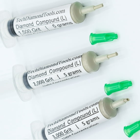 TechDiamondTools Diamond Polish Paste Set of 5 Syringes X 5 Grams (L), Polish Lapping Compound, Sizes 1200 1500 2000 3000 4000 Grit, Mesh - With Light(10%) Concentration of Diamond Powders