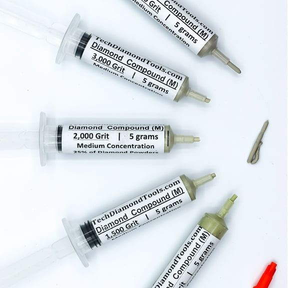 TechDiamondTools Diamond Polish Paste Set of 5 Syringes X 5 Grams (M), Polish Lapping Compound, Sizes 1200 1500 2000 3000 4000 Grit, Mesh - With Medium(25%) Concentration of Diamond Powders