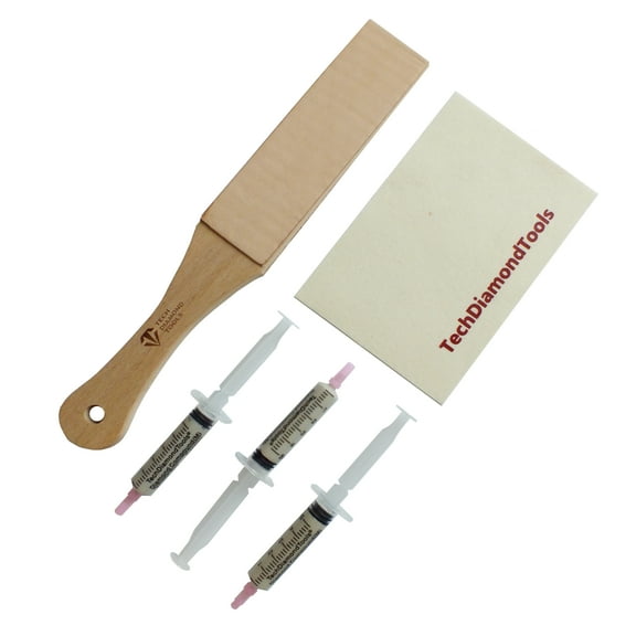 TechDiamondTools Knife Sharpening Kit, 11 Long Leather Paddle Strop for Knife Sharpening, 3 Diamond Polishing Pastes with Medium Concentration for Sharpening Knives, and a Wool Cloth for Polishing