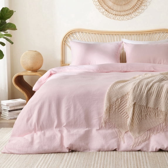 TechForma 100% Cotton Duvet Cover Set, Pink Double Layer Gauze Bed Set, 3 pcs Breathable & Crisp Soft Duvet Cover Set, Twin