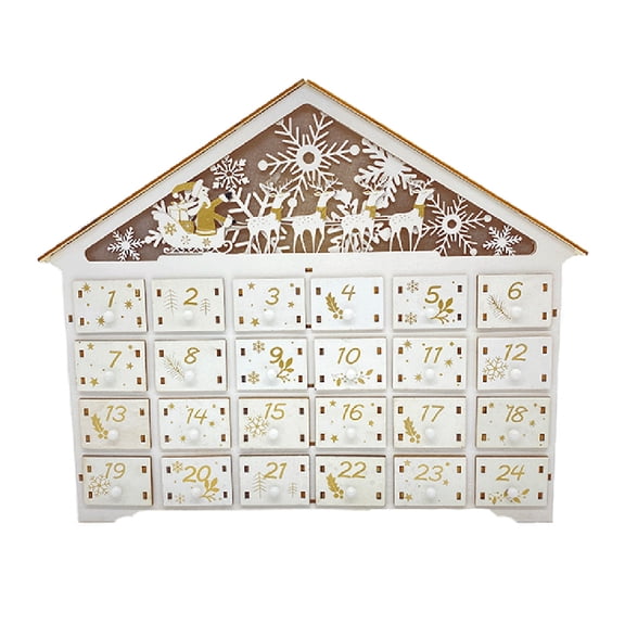 TechNvoa Christmas Wooden House Advent Calendar LED Lighted Snowflake Reindeer Scene Countdown Ornament with Large Drawer Box