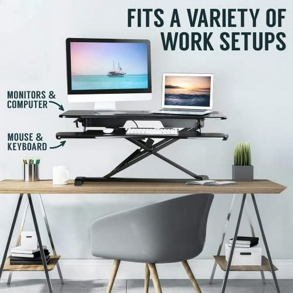 TechOrbits OF-S06-2 Desk Converter-37-inch Height Adjustable, MDF Wood, Sit-to-Stand Rise-X Pro Black, 37"