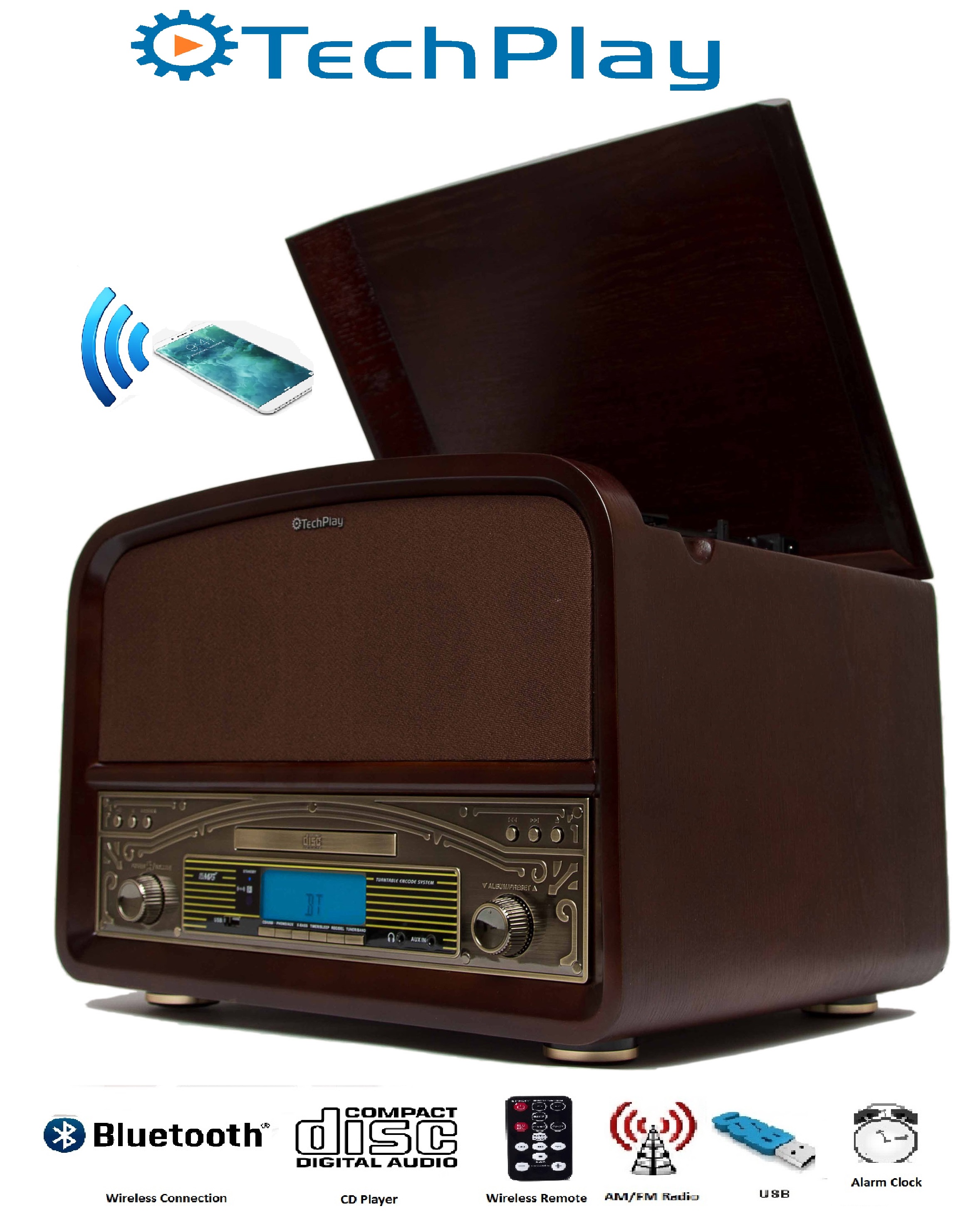 TechPlay TCP9560, High Power 20W Retro Wooden 3 Speed Bluetooth Turntable, with CD Player, AM/FM Radio, USB Recording and Playback with Remote Control(Walnut) - image 1 of 4