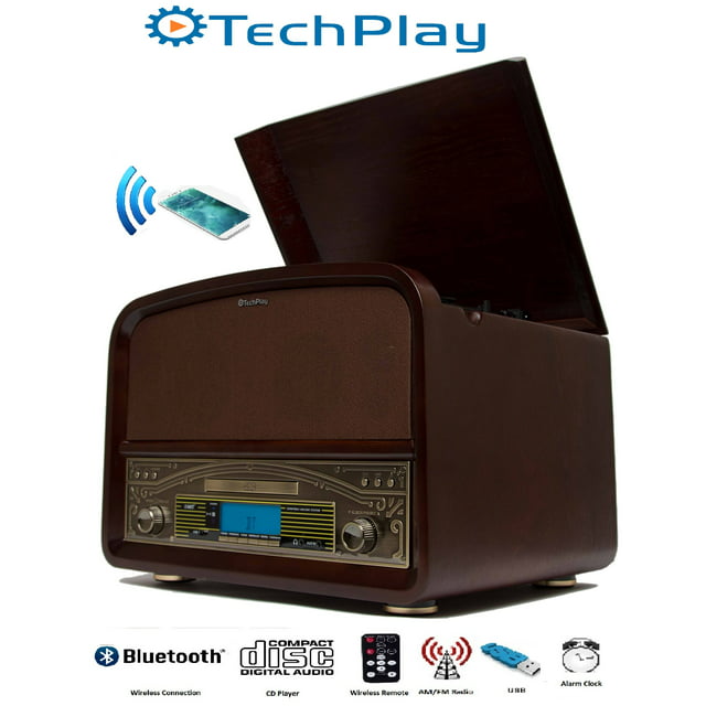 TechPlay TCP9560, High Power 20W Retro Wooden 3 Speed Bluetooth Turntable, with CD Player, AM/FM Radio, USB Recording and Playback with Remote Control(Walnut)