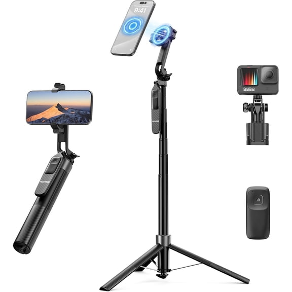 TechRise 71" Auto-Open Magnetic Tripod for iPhone, Selfie Stick with Rechargeable Remote, Strong Magnetic Phone Holder for Magsafe, Travel Phone Tripod Stand with Metal Ring for iPhone/Android
