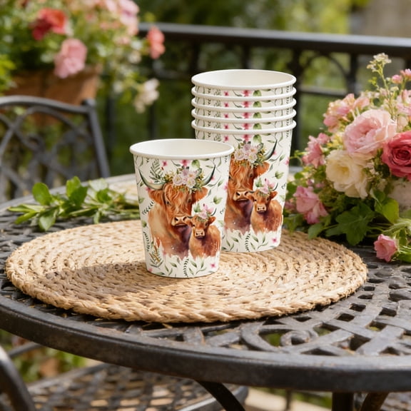 TechToyHub 10 Pack Highlands Cow Paper Cups 3.5x2.8in Vintage Floral Disposable Cups Multicolor Rustic Design Perfect for Farmhouse Theme Birthday Party Holiday Celebration Hot Cold Drink Use