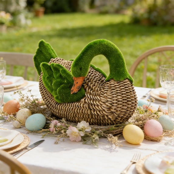 TechToyHub 13.8 Inch Flocked Swan Statue for Garden - Green Resin Outdoor Decor with Wicker Look,Elegant Lawn & Patio Ornament for Yard,Courtyard and Outdoor Garden Decoration