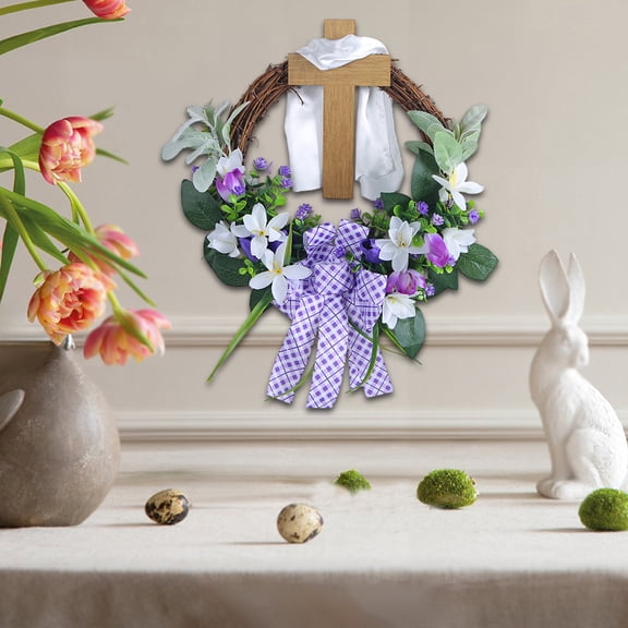 TechToyHub 15.75 Inch Easter Cross Wreath Artificial Lily & Hyacinth Spring Wreath with Wooden Cross,Purple Bow,Grapevine Base for Front Door,Church,Home Decoration,All-Weather Durable