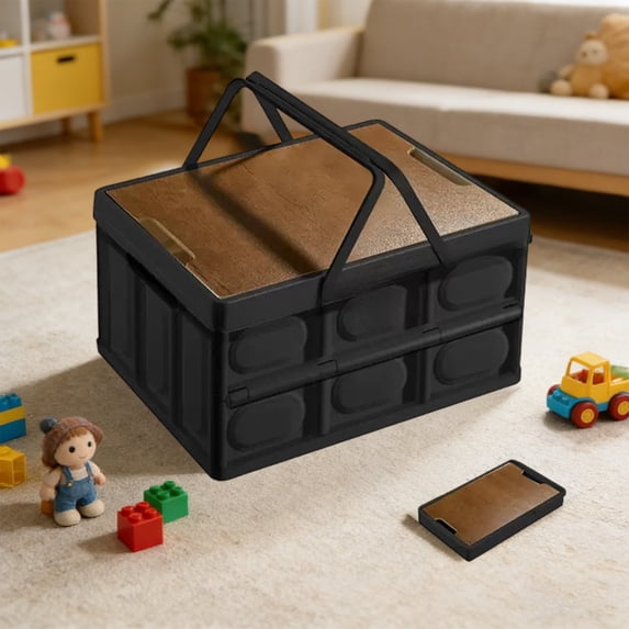TechToyHub 16.9in Folding Camping Storage Box with Wooden Lid, Heavy Duty Plastic Car Trunk Organizer with Portable Handles, Space Saving Multi-purpose Container for Outdoor Picnic Home Storage