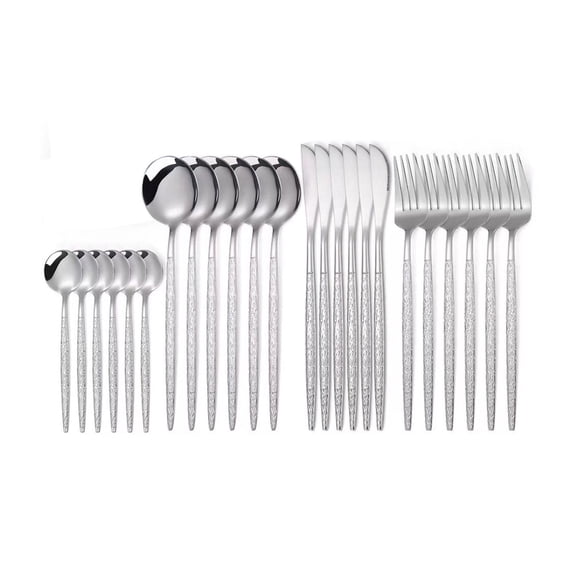 TechToyHub 24 Piece Stainless Steel Cutlery Set 9.4in Hammered Handle Steak Knife fork and Spoon Set Anti Fade Easy Clean Household Dining Tableware Perfect for Daily Meals Family Dinners Small