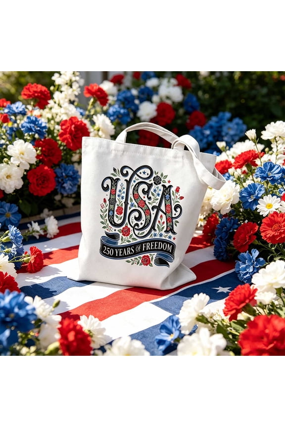 Semiquincentennial USA Tote Bag Patriotic Canvas Reusable Grocery Bag 15.4in x 14.2in Shoulder Bag for 4th of July Independence Day Gift with American Flag Bald Eagle Floral Print