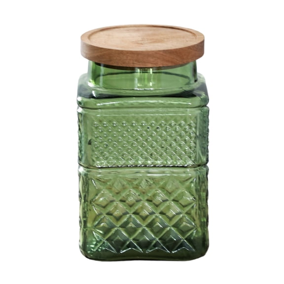 Amber Glass Storage Jars with Wood Lid, Vintage Embossed Glass Canister, Airtight Food Container for Kitchen Pantry, Decorative Jar for Coffee, Sugar, Tea, Spices, Flour & Cookies