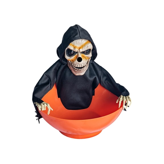 TechToyHub Animated Skull Candy Bowl, with Moving Skeleton Hand, Plastic Halloween Decoration, Motion Activated Red Light Sound