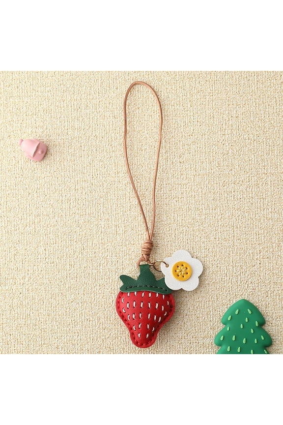 Artificial Leather Strawberry Shape Pendant Keychain for Bag Backpack or Keys Three Dimensional Exquisite Fruit Ornament 3.9x3.9x3.9 in