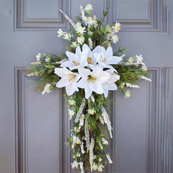 TechToyHub Artificial White Lily Cross Teardrop Swag 19.7 inch Faux Floral Arrangement with Greenery,Realistic Silk Flowers for Easter Spring Funeral Wedding Cemetery Front Door Wall Home Decor