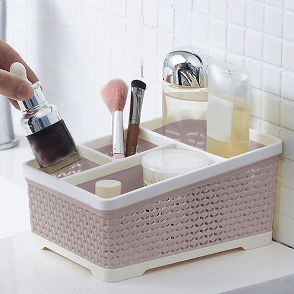 TechToyHub Bathroom Caddy Organizer, Plastic Desktop Storage Box with 4 Dividing Compartments & Hollow Design, Makeup Brush & Cotton Swab Holder, Versatile for Bedroom, office & Dorm