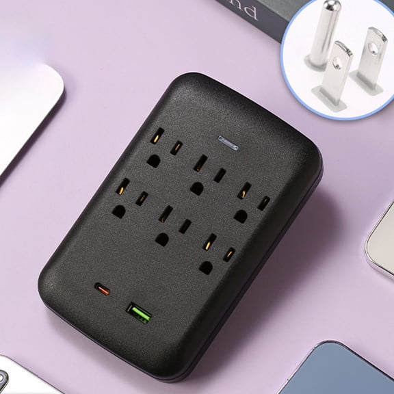 TechToyHub Black Plastic Multi Hole Wall Mounted Charging Socket with 6 AC Outlets 1 USB 1 C Port for Home Travel 100V 250V for Phone Laptop Tablet Surge Protection