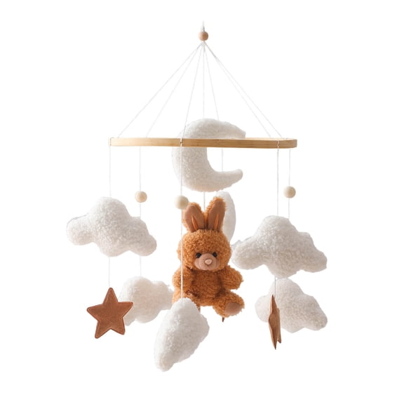 TechToyHub Crib Mobile with Bunny Decoration, Natural Wood & Velvet Material, 360 Rotation & Soothing Sounds, for Nursery Bedroom Decor