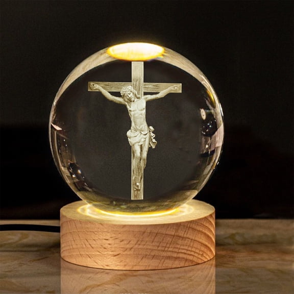 TechToyHub Crystal Night Light Engraved Holy Family Figurine, with Wooden Stand Color Changing Light, USB Religious Collection, 2.4in