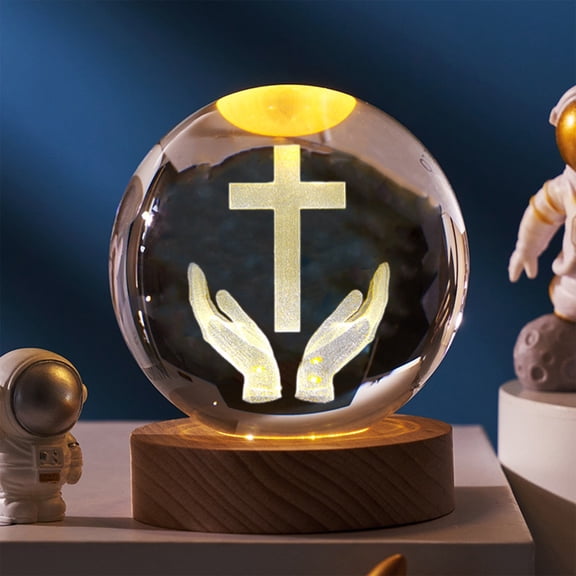 TechToyHub Crystal Night Light Engraved Holy Family Figurine, with Wooden Stand Color Changing Light, USB Religious Collection, 2.4in