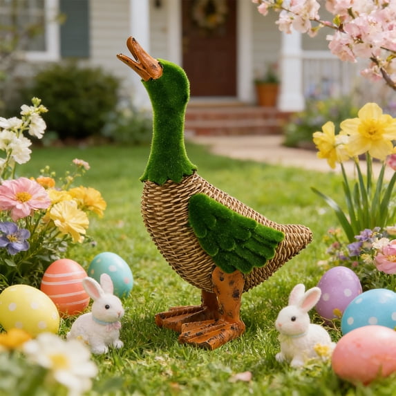 TechToyHub Duck Statue Garden Decor,13.8 Inch Resin Flocked Wicker-Look Outdoor Decorative Ornament for Yard Patio Lawn,Green Garden Swan Sculpture for Outdoor Courtyard Decor