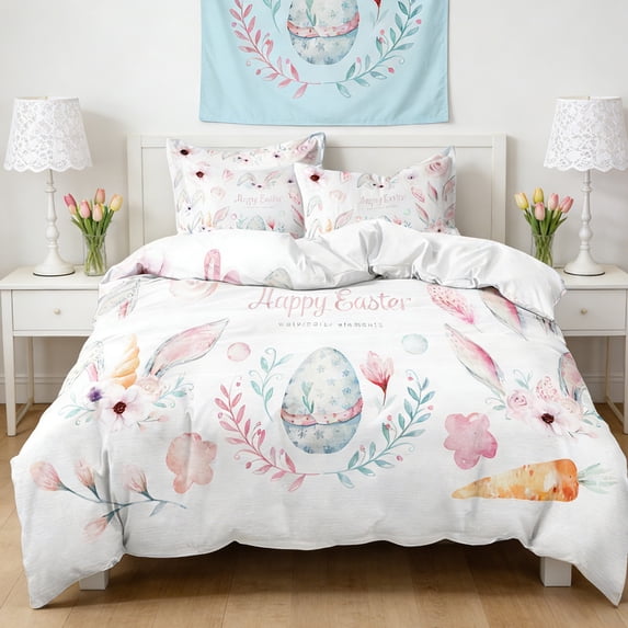 TechToyHub Easter Bedding Set 3 Piece,Cartoon Rabbit and Egg Print Microfiber Duvet Cover with 2 Pillowcases for Bedroom Guest Room Vacation Home Decor,Soft Breathable Machine Washable