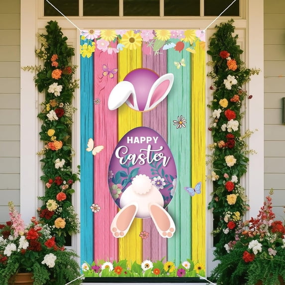 TechToyHub Easter Bunny Wreath Door Cover - Spring Floral & Easter Eggs Door Decor,35.4x70.8in Reusable Fabric Door Banner for Easter Party,Home,Front Porch,Holiday Decorations