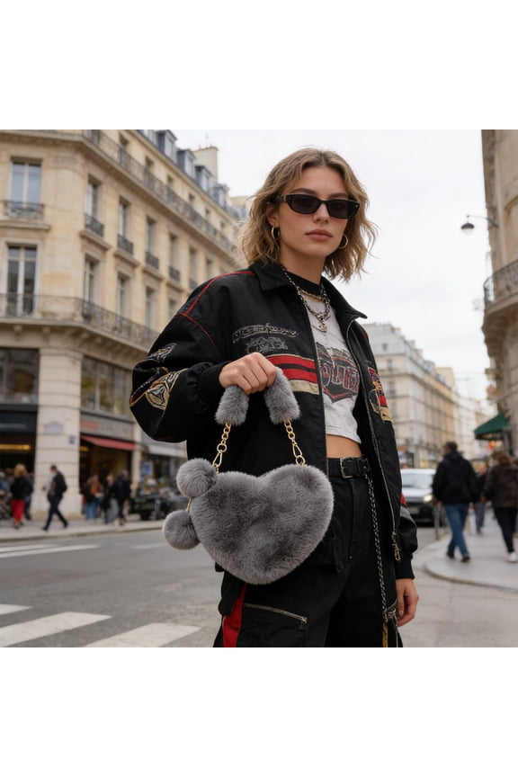 Furry Heart Shaped Crossbody Bag, 9.8in x 7.9in x 4.3in Faux Furry Handbag with Chain Strap, Soft Lightweight Large Capacity Design, Daily Commute Short Trip Matching Bag